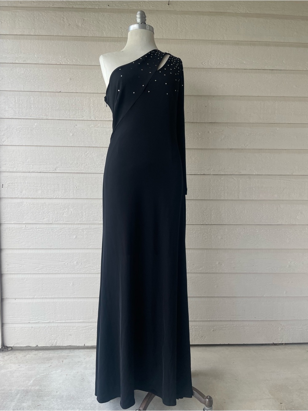 Tadashi Women’s Size L Black One Shoulder Rhinestone Long Sleeve Gown Cut# 7718
